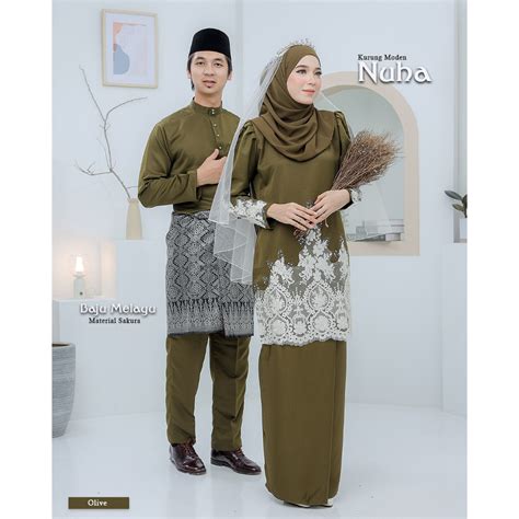 Baju Kurung Moden Bridal Set Nuha In Olive Green Full Set 7 Item Tunang