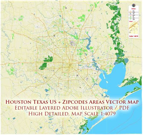 Houston Texas Us Zipcodes Areas Map Vector City Plan High Detailed