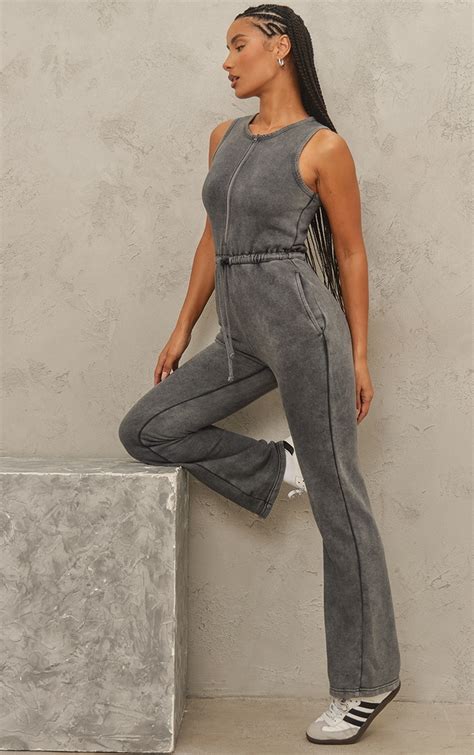 Grey Marl Acid Wash Zip Tie Jumpsuit Jumpsuits And Rompers Prettylittlething Usa