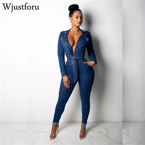 Wjustforu Sexy Bodycon Denim Jumpsuit Women Long Sleeve Zipper Bandage