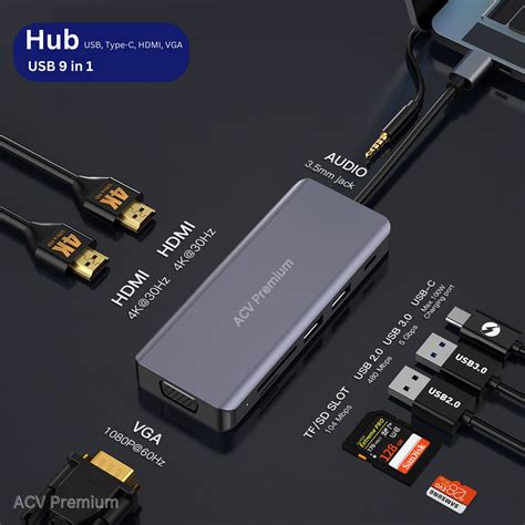 Docking Station USB C 9 In 1 ACV Premium Hub Cu 2x HDMI 4K 1x VGA