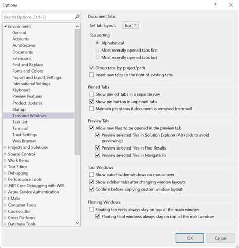 Tabs And Windows Environment Options Dialog Box Visual Studio