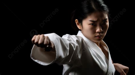 Young Karate Girl Is Doing A Punch Pose Against Dark Black Background ...