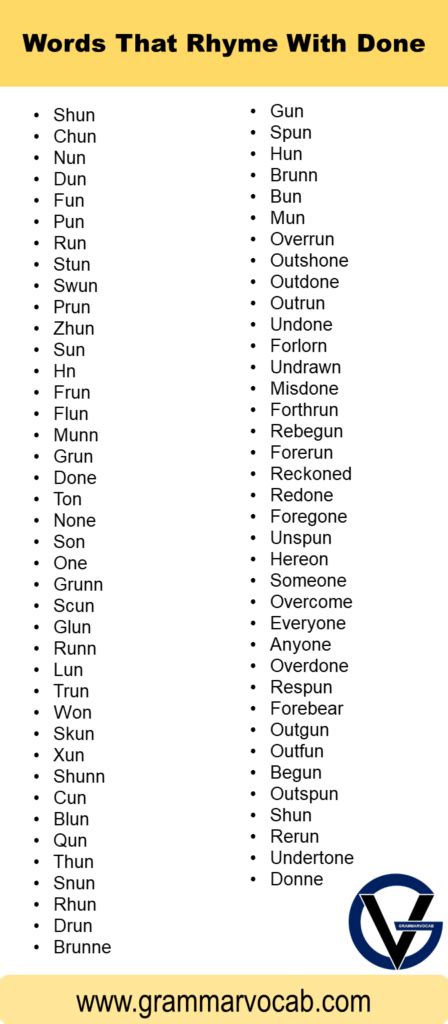 English Words Rhyming With Done Grammarvocab
