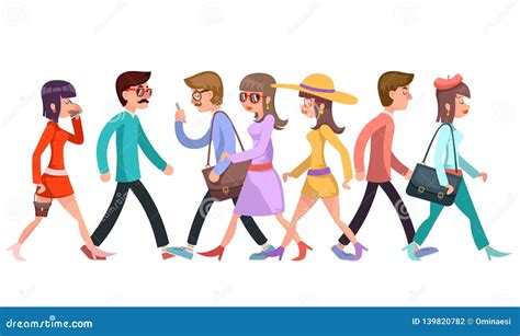 Crowd Of Fashionable Young People Walking Characters Walk Cartoon Flat