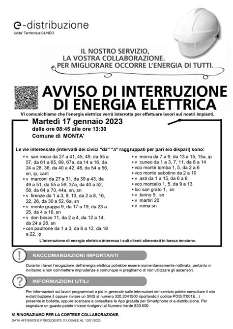 Comune di Montà Nuova interruzione energia elettrica Martedì 17