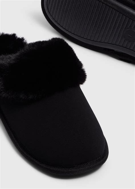 Black Fur Trim Mule Slippers Matalan