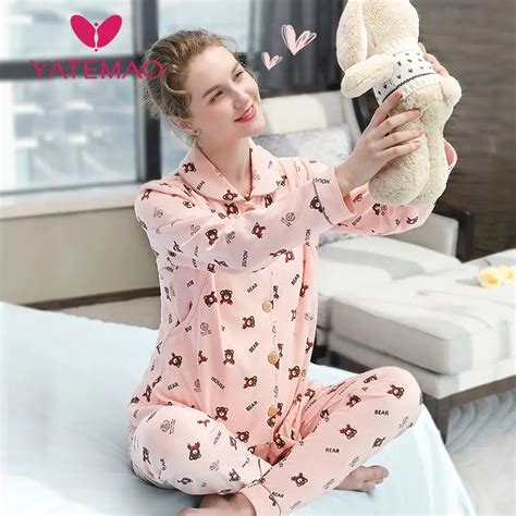 Yatemao New Cotton Maternity Sleepwear Breastfeeding Pajama Set Lovely Bear Long Sleeve Nursing