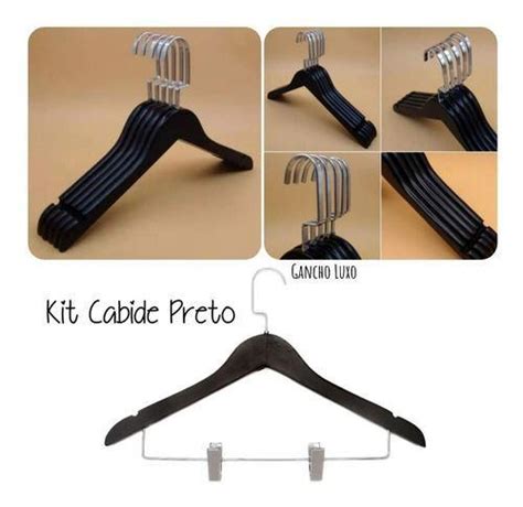 Kit Cabides De Madeira Preto Gancho Luxo Adulto Prata Expotopbras