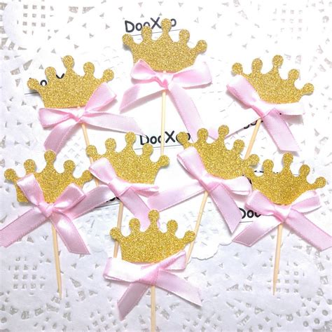 Dooxoo Gold Glitter Crown Cupcake Topper With Pink Bow St Birthday