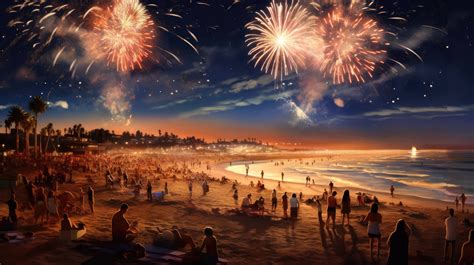 A Dazzling Depiction Of A Crowd Gathered At A Beach With A Bonfire And