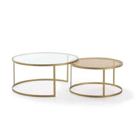 Set Van 2 Bijzettafels In Glas Rotan En Goud Metaal 92x92x44 Cm Qechic