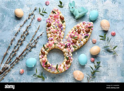 Composition With Beautiful Cake Painted Eggs Bunny And Pussy Willow