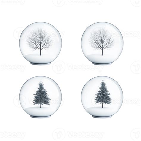Four Decorative Snow Globes Featuring Different Tree Silhouettes In