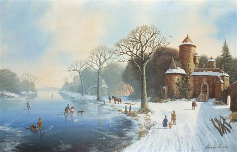 Charles Comber Dutch Winter Landscape With Figures Ice Skating On A