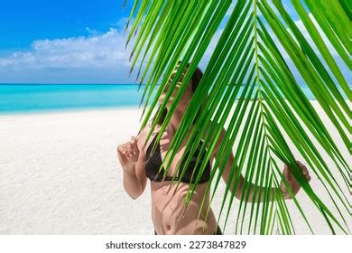 Sexy Beautiful Woman Hiding Behind Palm Stock Photo 2273847829