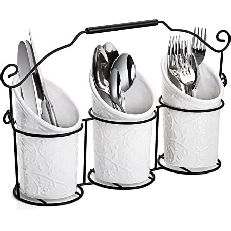 Bekith 3 Piece Ceramic Silverware Caddy With Metal Rack Utensil Holder