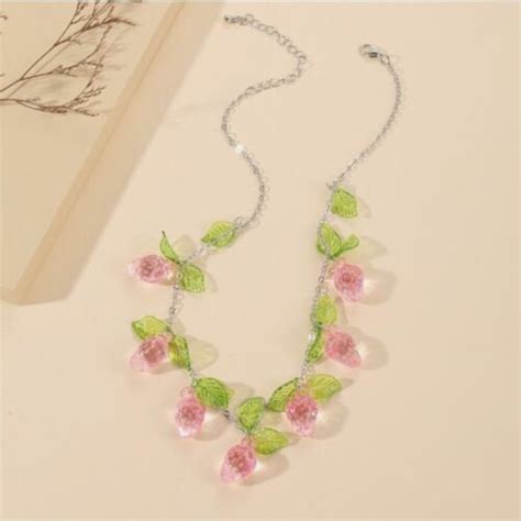 Pink Strawberry Necklace Zinc Alloy Acrylic Clavicular Chain Ebay