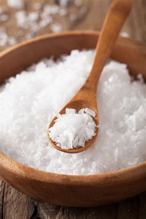 Sea Salt In Wooden Bowl And Spoon Stock Photo Image