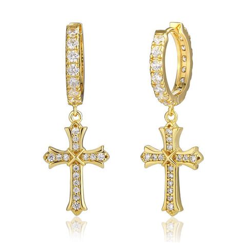 Paris Jewelry 24k Yellow Gold 12ct White Sapphire Cross Hoop Earrings Plated Jewelry T For