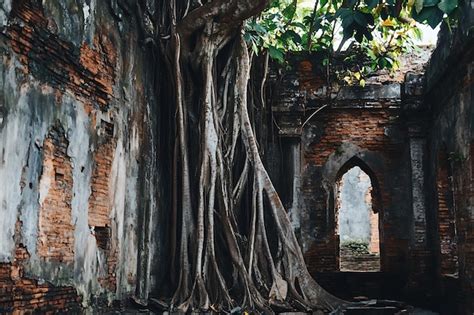 Ancient Ruins Overgrown With Tree Roots Premium Ai Generated Image