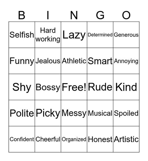 Character Traits Bingo Card