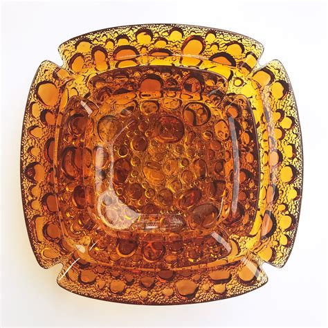 Pair Of Vintage Blenko Nesting Amber Bubble Glass Ashtrays Etsy Bubble Glass Bubbles Glass