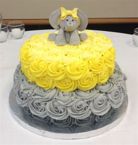 Yellow And Grey Elephant Baby Shower Cake - CakeCentral.com