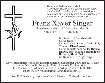 Traueranzeigen Von Franz Xaver Singer Trauer Merkur De