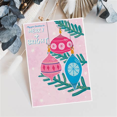 Retro Baubles Christmas Card Sweetlove Press Personalised Prints