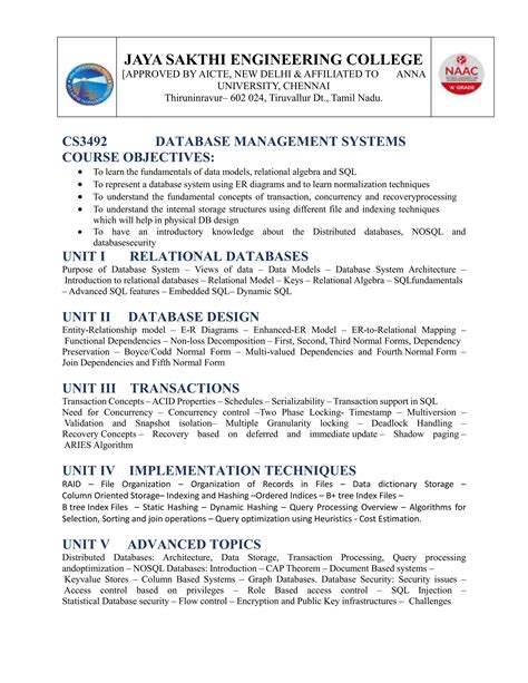 Cs Database Management System Syallabus Regulation For Cse