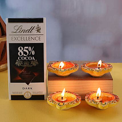 Set Of Traditional Diyas And Lindt Dark Chocolate Belgium Gift Set