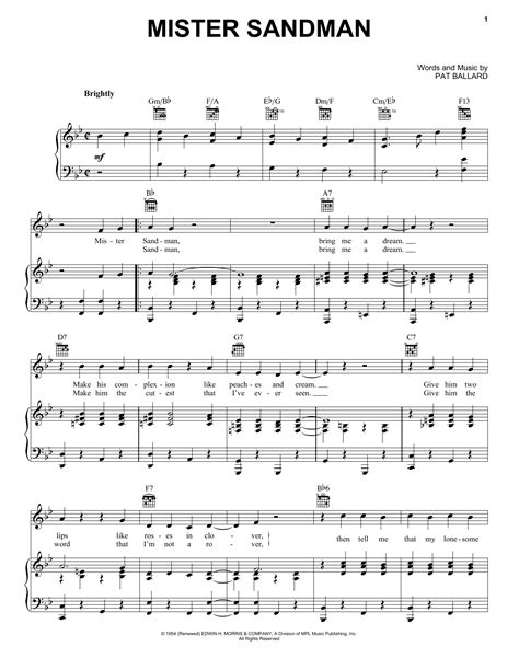 Mister Sandman By The Chordettes Sheet Music For Piano Vocal And Guitar