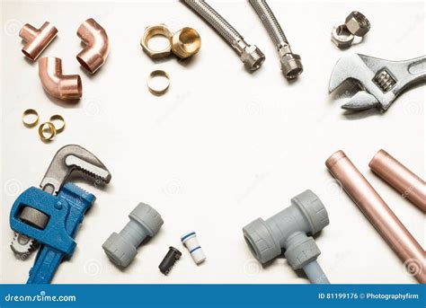 Selection Of Plumbers Tools And Plumbing Materials With Copy Spa Stock