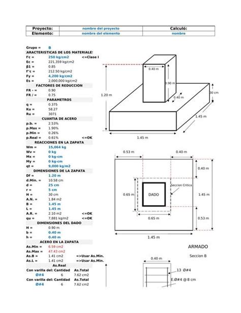 Hoja de calculo de diseño de zapata aislada Plantillas de Excel de