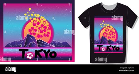 Aesthetic Vaporwave T Shirt Print Template With Sun And Mountains S