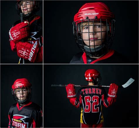 Four Different Shots Of A Young Boy Wearing Hockey Gear And Holding A