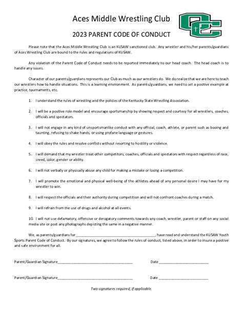 Fillable Online Aces Youth Wrestling Club Parent Code Of Conduct Fax