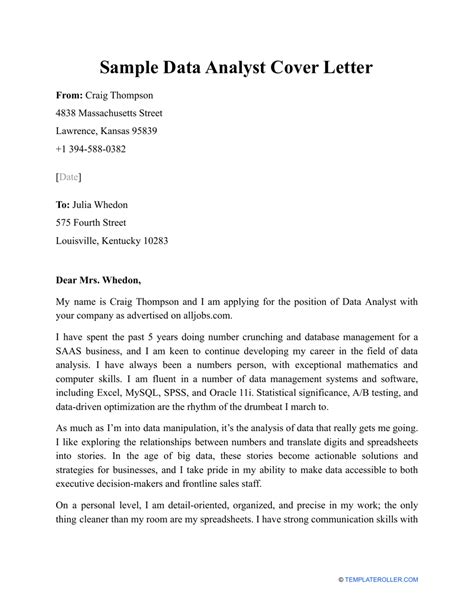 Sample Data Analyst Cover Letter Download Printable PDF | Templateroller