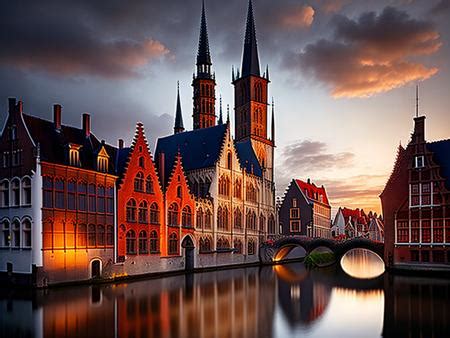 Stunning Sunset At Jan Van Eyckplein In Old Town Bruges Belgium Image