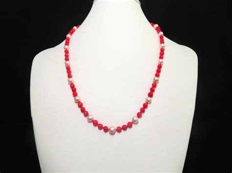 Vintage Red Coral White Cultured Pearl Necklace Sterling Clasp Etsy