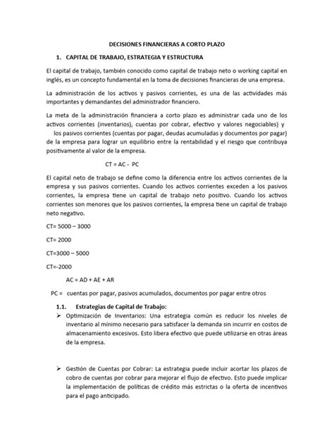 Bolo 8 Decisiones Financieras A Corto Plazo Pdf Capital De Trabajo