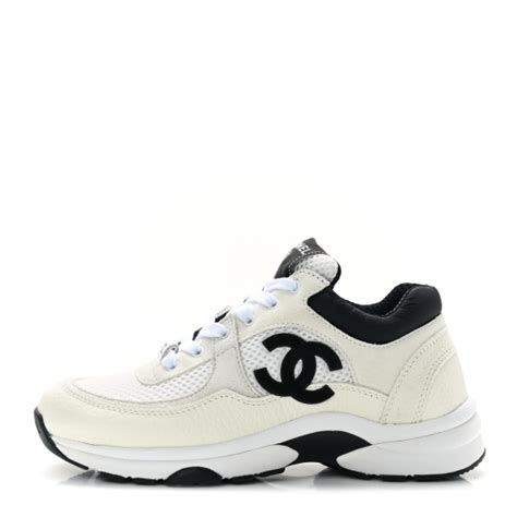 Chanel Mesh Suede Calfskin Grained Calfskin Womens Cc Sneakers 35 White