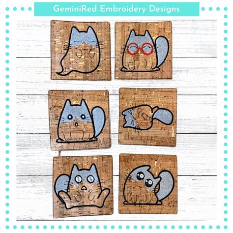 Cat Illustrations Coaster Set 4x4 GeminiRed Embroidery Designs