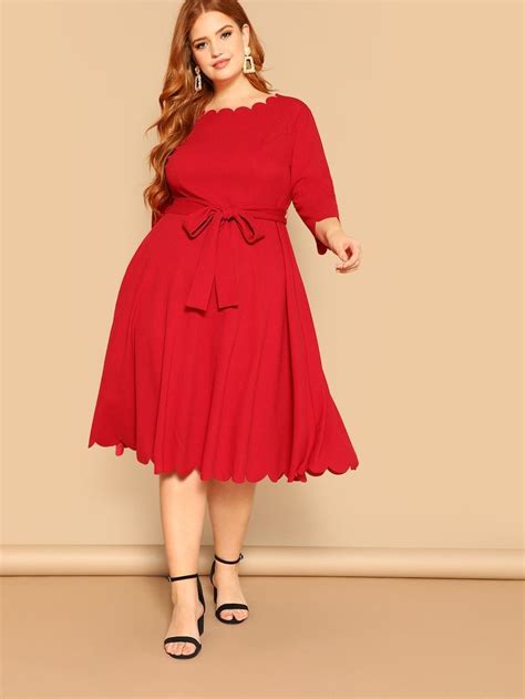 Plus Scalloped Trim Belted Fit And Flare Dress Shein Sheinside Fit