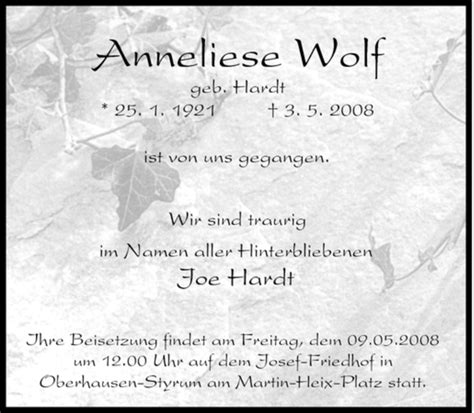 Traueranzeigen Von Anneliese Wolf Trauer In Nrw De