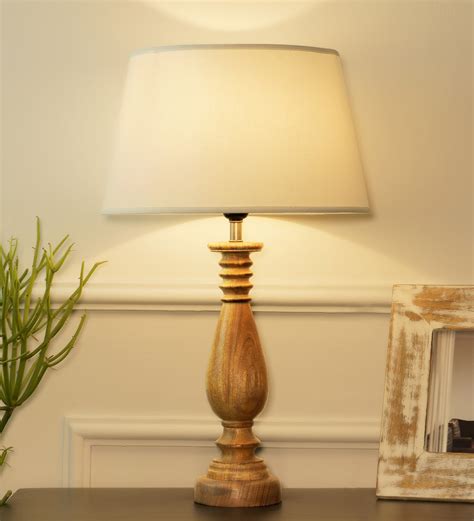 Buy Verde White Cottan Fabric Shade Night Lamp With Wood Base By Kapoor