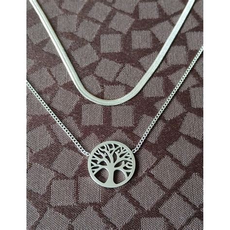 Collier Arbre De Vie Double Chaines Plate Silver