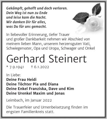 Traueranzeigen Von Gerhard Steinert Abschied Nehmen De