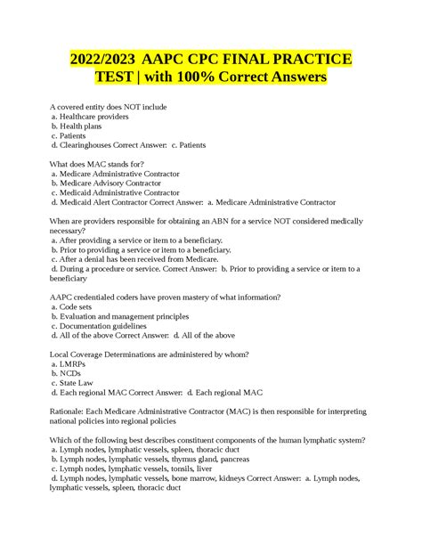 2022 2023 Aapc Cpc Final Practice Test With 100 Correct Answers Exams Nursing Docsity